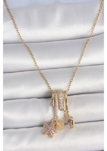 316L Çelik Gold Renk Sallantı Zirkon Taşlı Mor Taşlı Ayıcık Figür Charm Kadın Kolye - TJ-BKO10098