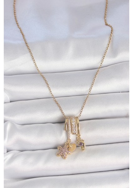 316L Çelik Gold Renk Sallantı Zirkon Taşlı Mor Taşlı Ayıcık Figür Charm Kadın Kolye - TJ-BKO10098