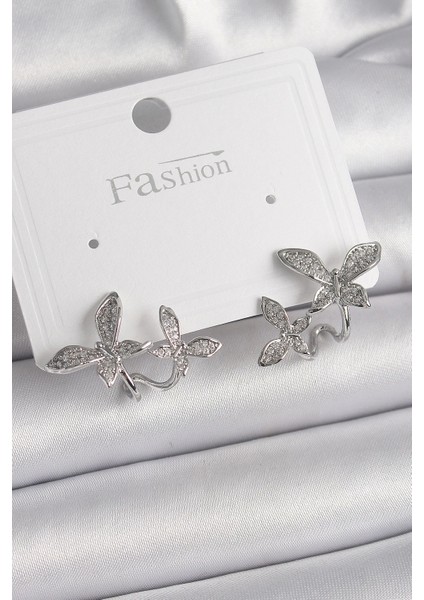 Pirinç Gümüş Renk Zirkon Taşlı Kelebek Model Kadın Küpe - TJ-BKP9839