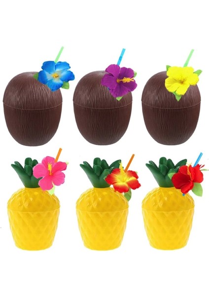 Ananas & Hindistan Cevizi Tasarımlı Pipetli Bardak Seti (6 Adet)