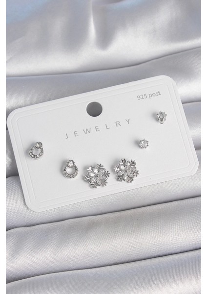 Pirinç Gümüş Renk Zirkon Taşlı Kar Tanesi Model 925 Ayar Gümüş Çivi Kadın Küpe Seti - TJ-BKP10483