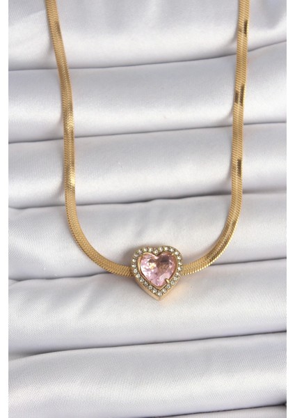 316L Çelik Gold Renk Italyan Zincir Pembe Zirkon Taşlı Kalp Model Kadın Kolye - TJ-BKO10120