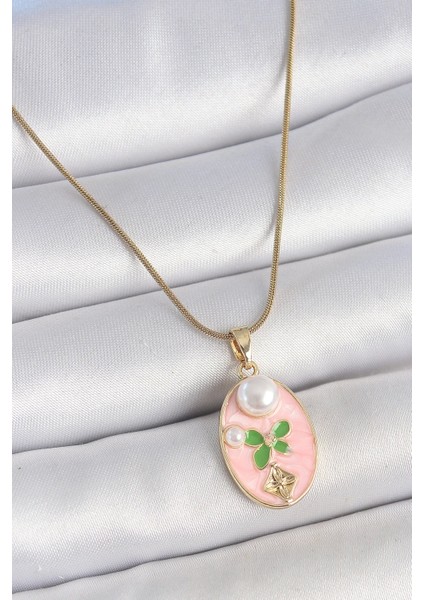 316L Çelik Gold Renk Zincir Pembe Mineli Oval Incili Çiçek Işlemeli Portre Model Kadın Kolye - TJ-BKO10176