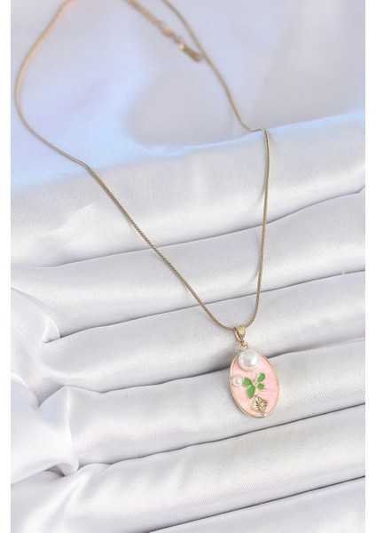 316L Çelik Gold Renk Zincir Pembe Mineli Oval Incili Çiçek Işlemeli Portre Model Kadın Kolye - TJ-BKO10176