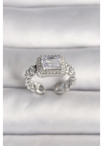 Pirinç Gümüş Renk Ayarlanabilir Zincir Kare Zirkon Taşlı Kadın Yüzük - TJ-BYK3583