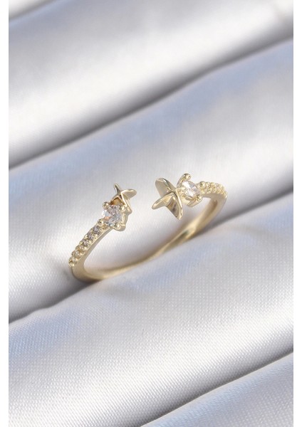 Pirinç Gold Renk Zirkon Taş Detay Yıldız Model Kadın Yüzük - TJ-BYK3446