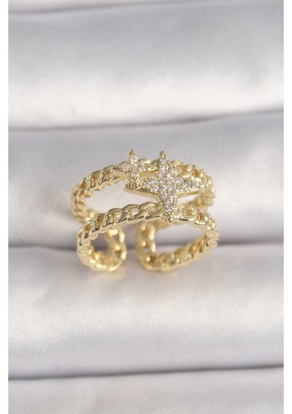 Pirinç Gold Renk 2'li Zincir Zirkon Taşlı Yıldız Figür Kadın Kolye - TJ-BYK3594