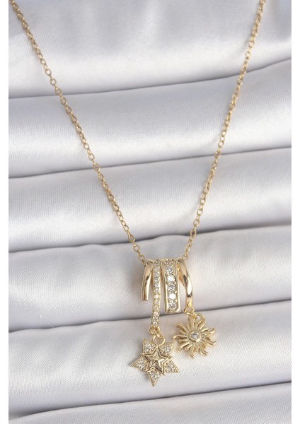 316L Çelik Gold Renk Sallantı Zirkon Taşlı Yıldız Güneş Figür Charm Kadın Kolye - TJ-BKO10100