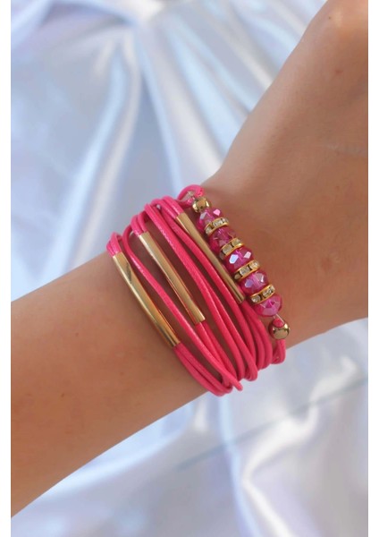 Pembe Renk Zirkon Taşlı Metal Aksesuarlı Ipli Çoklu Bileklik - TJ-BB6357