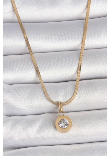 316L Çelik Gold Renk Italyan Zincir Sallantı Zirkon Taş Model Kadın Kolye - TJ-BKO10124