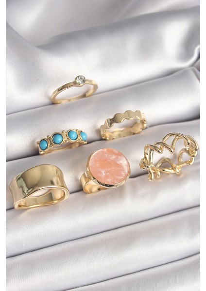 Pirinç Gold Renk Daire Pembe Mineli Zirkon Taş Detaylı 6'lı Kadın Yüzük Seti - TJ-BYK3610