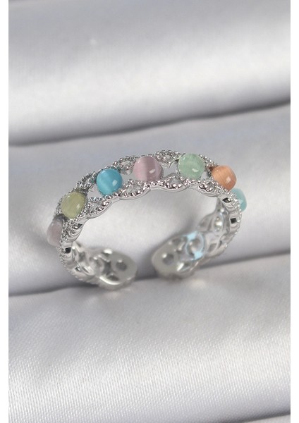 Pirinç Gümüş Renk Renkli Mineli Ayarlanabilir Kadın Yüzük - TJ-BYK3746