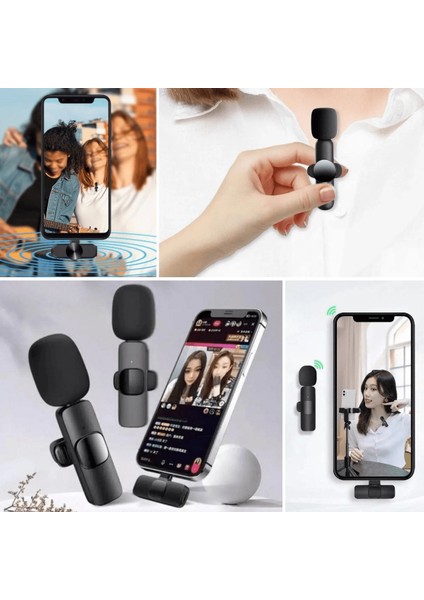 Type C Uyumlu Apple iPhone Dönüştürücülü Kablosuz Yaka Mikrofonu Android ve Apple iPhone Uyumlu Mini Mikrofon ( Lisinya )
