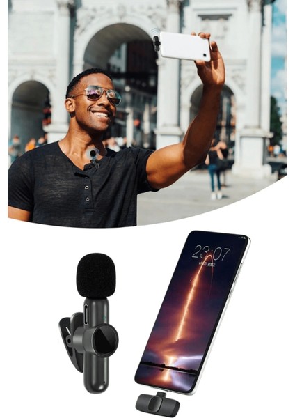 Type C Uyumlu Apple iPhone Dönüştürücülü Kablosuz Yaka Mikrofonu Android ve Apple iPhone Uyumlu Mini Mikrofon ( Lisinya )