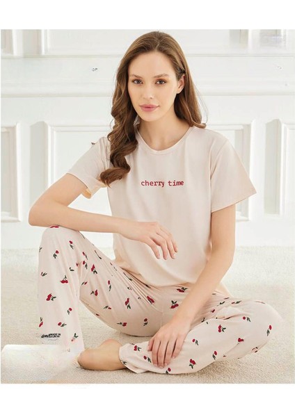 Kadın Bisiklet Yaka Milan Likralı Kısa Kol Pijama Takımı 50107EKRU - 1 Adet