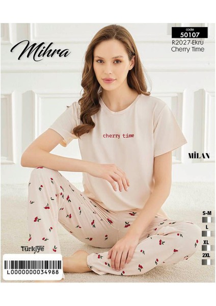 Kadın Bisiklet Yaka Milan Likralı Kısa Kol Pijama Takımı 50107EKRU - 1 Adet
