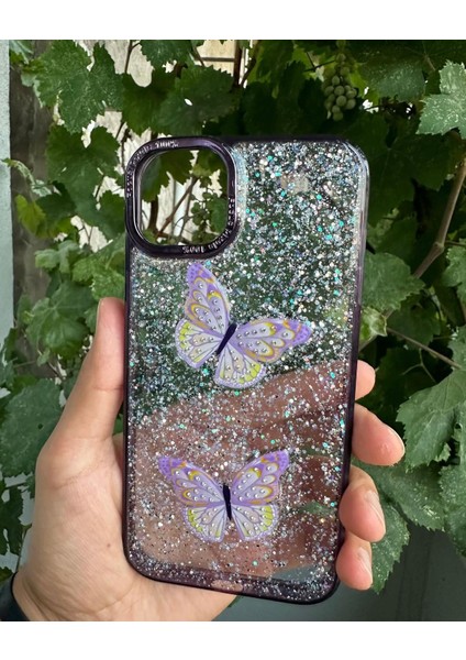 Apple iPhone 14 Uyumlu Taşlı Simli Kelebekli Kılıf