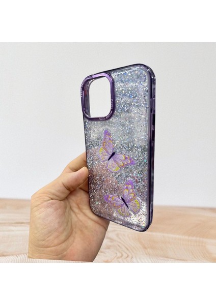 Apple iPhone 14 Uyumlu Taşlı Simli Kelebekli Kılıf