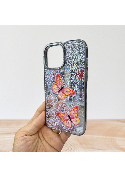 Apple iPhone 14 Uyumlu Taşlı Simli Kelebekli Kılıf