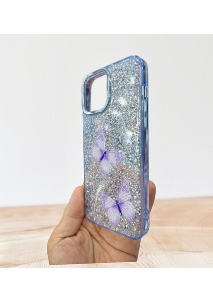 Apple iPhone 13 Pro Uyumlu Taşlı Simli Kelebekli Kılıf