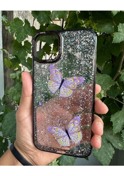 Apple iPhone 14 Pro Uyumlu Taşlı Simli Kelebekli Kılıf