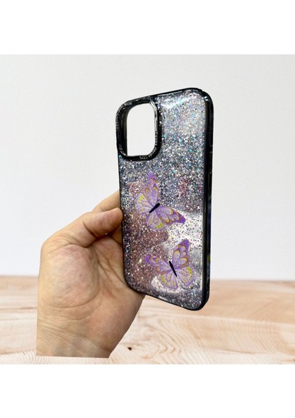 Apple iPhone 14 Pro Uyumlu Taşlı Simli Kelebekli Kılıf