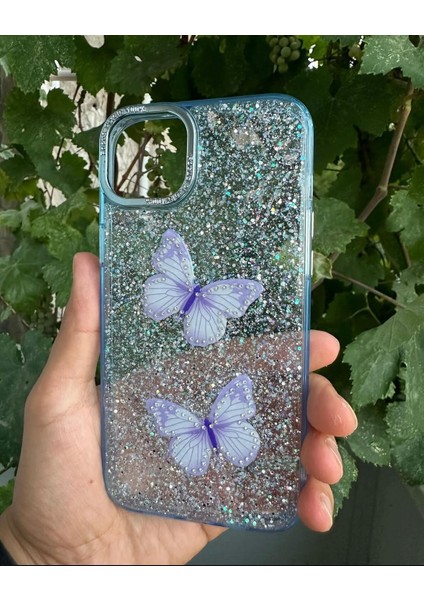 Apple iPhone 15 Plus Uyumlu Taşlı Simli Kelebekli Kılıf