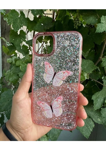 Apple iPhone 13 Pro Max Uyumlu Taşlı Simli Kelebekli Kılıf