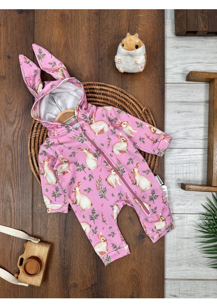 Pamuklu Tavşan Desenli Fermuarlı Kız Bebek Tulum fırsatları