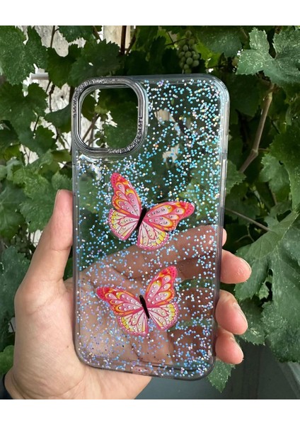 Apple iPhone 15 Pro Max Uyumlu Taşlı Simli Kelebekli Kılıf