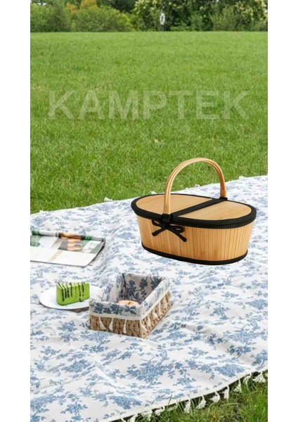 Kamptek Ahşap Bambu Piknik Sepeti 2'li Set Küçük Büyük
