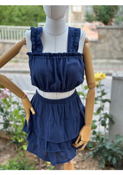 2 Kat Müslin Yazlık Lacivert Etek ve Crop Takımı