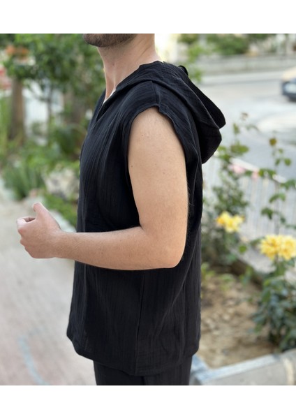 Sıfır Kol Kapüşonlu Yazlık Siyah Erkek T-Shirt - 2 Kat Müslin Kumaş indirimleri
