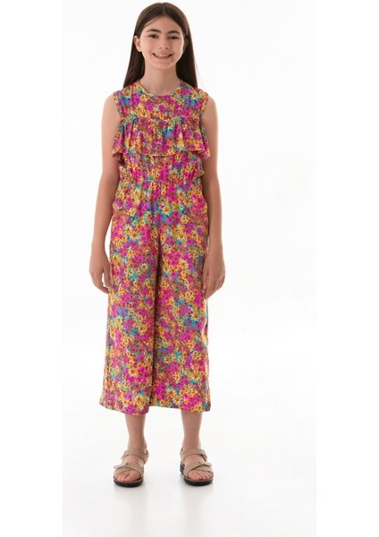 Çiçekli Beli Lastikli Cepli Kız Çocuk Tulum