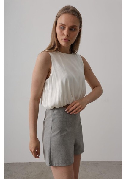 Saten Kolsuz Belki Lastikli Bluz - Ekru modelleri