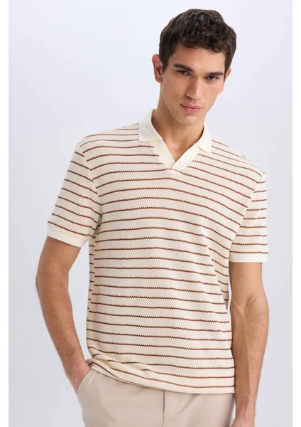 Regular Fit Polo Yaka Çizgili Triko Kısa Kollu Tişört C4150AX25SM