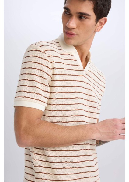 Regular Fit Polo Yaka Çizgili Triko Kısa Kollu Tişört C4150AX25SM fırsatları