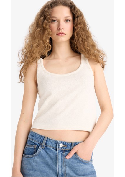 Loose Fit Yuvarlak Yaka Beyaz Triko Görünümlü Atlet F1885AX25SM