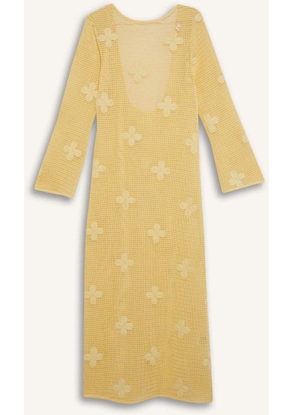 Regular Fit Uzun Kollu Dantelli Maxi Plaj Elbisesi-Fall in Love E0603AX25SM