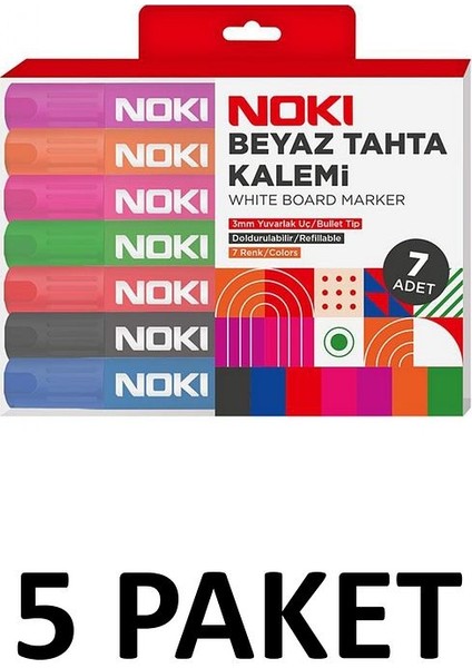 5 Paket Doldurulabilir Beyaz Tahta Kalemi 7 Renkli Set