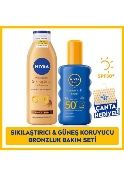 SUN Yüksek Güneş Koruyucu Vücut Spreyi SPF50 200ml, Q10 Sıkılaştırıcı Bronzluk Vücut Losyonu 200ml
