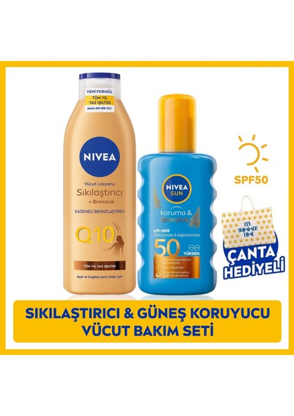 Nıvea Koruma & Bronzluk Sağlayan Güneş Spreyi SPF50+ 200ml + Nıvea Sıkılaştırıcı Doğal Bronzluk Sağlayan Vücut Losyonu 200 ml
