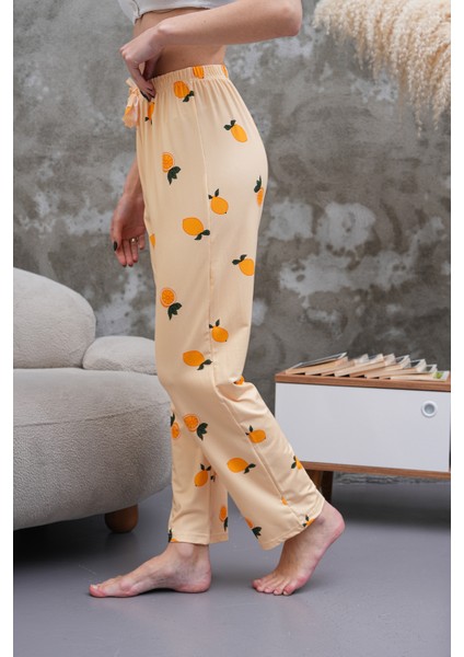 Kadın Yüksek Bel Baskılı Yumuşak Dokulu Milans Pijama Altı Limon