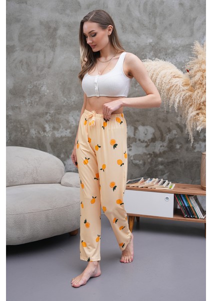 Kadın Yüksek Bel Baskılı Yumuşak Dokulu Milans Pijama Altı Limon