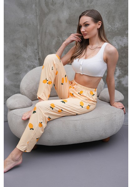Kadın Yüksek Bel Baskılı Yumuşak Dokulu Milans Pijama Altı Limon