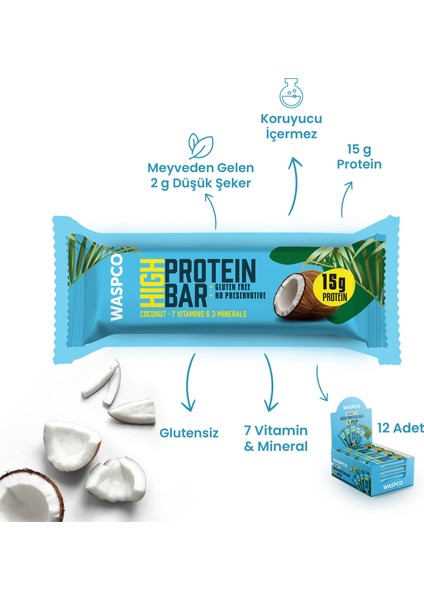 Yüksek Protein Bar - Hindistan Cevizli 50g x 12 Adet