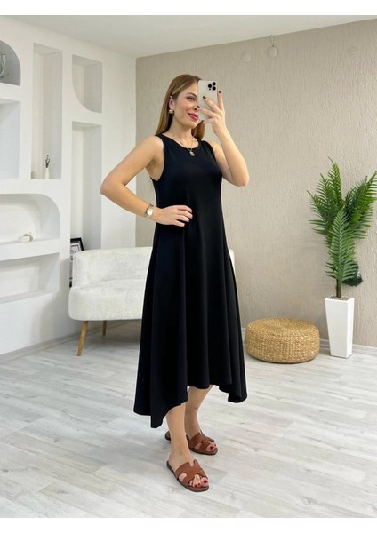 Kadın Askılı Yuvarlak Yakalı Asimetrik Kesim Detaylı Viskon Elbise fırsatları