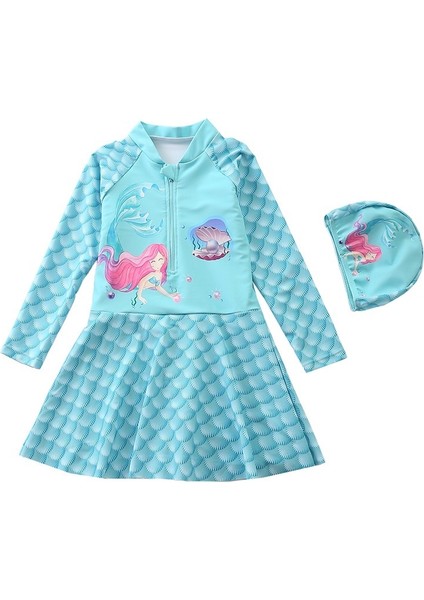 Çocuk Mayo Kız Tek Parça Mayo Orta ve Büyük Çocuk Uzun Kollu Etek Balık Pulu Denizkızı Kız Öğrenci Mayo (Yurt Dışından)