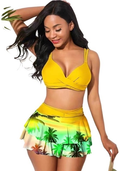 Mayo Kadın Büyük Boy Bölünmüş Etek Bikini Yüksek Bel Göbek Şekillendirici Kupası Push Up (Yurt Dışından)