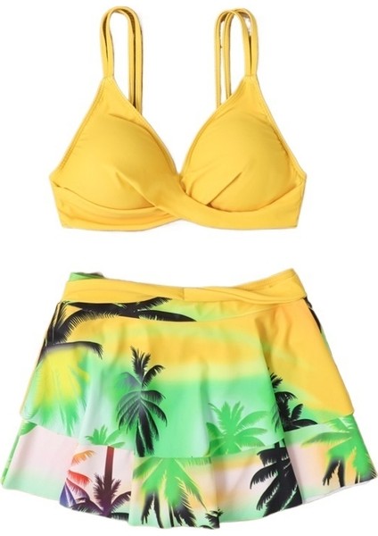 Mayo Kadın Büyük Boy Bölünmüş Etek Bikini Yüksek Bel Göbek Şekillendirici Kupası Push Up (Yurt Dışından)